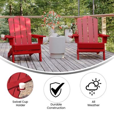 Emma + Oliver Tiverton Adirondack Chairs with Cup Holders, Weather Resistant Poly Resin Adirondack Chairs, Set of 2, Red Image 3