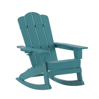 Emma + Oliver Tiverton Adirondack Rocking Chair with Cup Holder, Weather Resistant Poly Resin Adirondack Rocking Chair, Blue Image 1