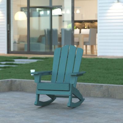 Emma + Oliver Tiverton Adirondack Rocking Chair with Cup Holder, Weather Resistant Poly Resin Adirondack Rocking Chair, Blue Image 1