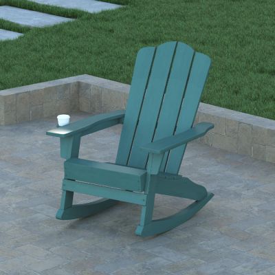 Emma + Oliver Tiverton Adirondack Rocking Chair with Cup Holder, Weather Resistant Poly Resin Adirondack Rocking Chair, Blue Image 2