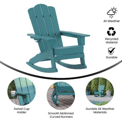 Emma + Oliver Tiverton Adirondack Rocking Chair with Cup Holder, Weather Resistant Poly Resin Adirondack Rocking Chair, Blue Image 3