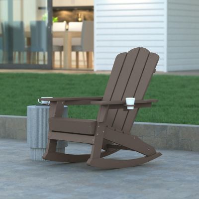 Emma + Oliver Tiverton Adirondack Rocking Chair with Cup Holder, Weather Resistant Poly Resin Adirondack Rocking Chair, Brown Image 1