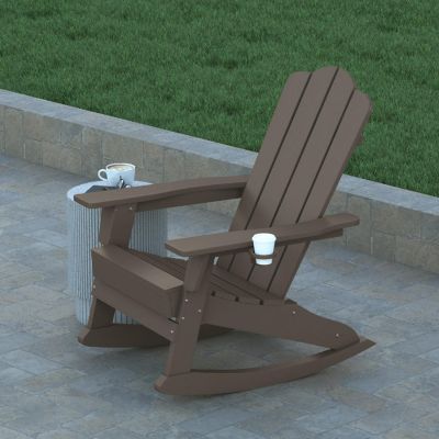 Emma + Oliver Tiverton Adirondack Rocking Chair with Cup Holder, Weather Resistant Poly Resin Adirondack Rocking Chair, Brown Image 2