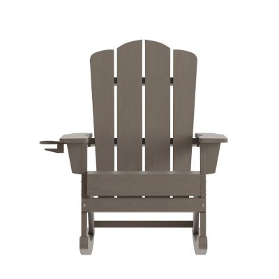 Emma + Oliver Tiverton Adirondack Rocking Chair with Cup Holder, Weather Resistant Poly Resin Adirondack Rocking Chair, Brown Image 3