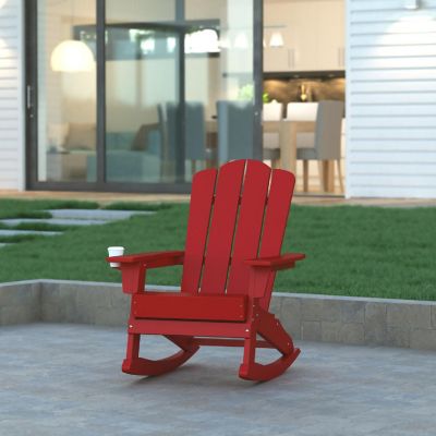 Emma + Oliver Tiverton Adirondack Rocking Chair with Cup Holder, Weather Resistant Poly Resin Adirondack Rocking Chair, Red Image 1