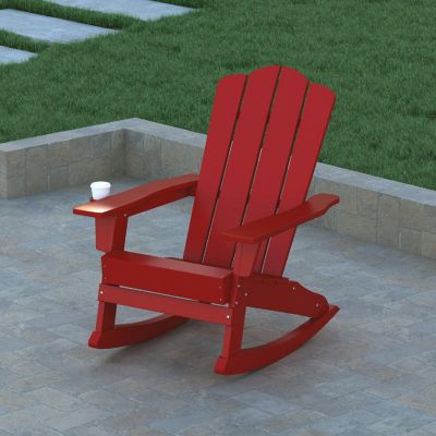 Emma + Oliver Tiverton Adirondack Rocking Chair with Cup Holder, Weather Resistant Poly Resin Adirondack Rocking Chair, Red Image 2