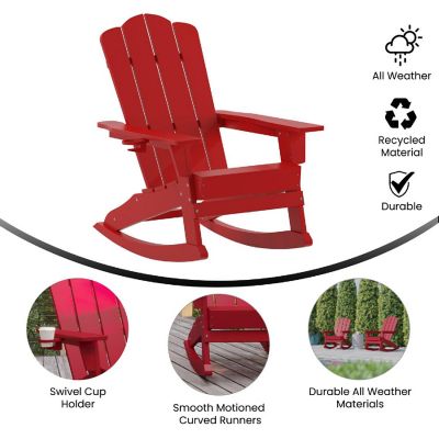 Emma + Oliver Tiverton Adirondack Rocking Chair with Cup Holder, Weather Resistant Poly Resin Adirondack Rocking Chair, Red Image 3