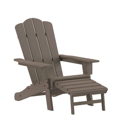 Emma + Oliver Tiverton Poly Resin Adirondack Chair with Cup Holder and Pull Out Ottoman, All-Weather Poly Resin Indoor/Outdoor Lounge Chair, Brown Image 1