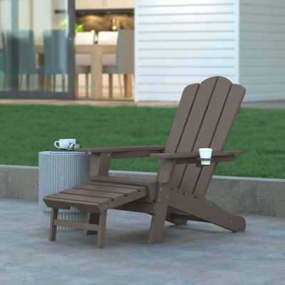 Emma + Oliver Tiverton Poly Resin Adirondack Chair with Cup Holder and Pull Out Ottoman, All-Weather Poly Resin Indoor/Outdoor Lounge Chair, Brown Image 1