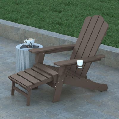 Emma + Oliver Tiverton Poly Resin Adirondack Chair with Cup Holder and Pull Out Ottoman, All-Weather Poly Resin Indoor/Outdoor Lounge Chair, Brown Image 2