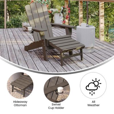 Emma + Oliver Tiverton Poly Resin Adirondack Chair with Cup Holder and Pull Out Ottoman, All-Weather Poly Resin Indoor/Outdoor Lounge Chair, Brown Image 3