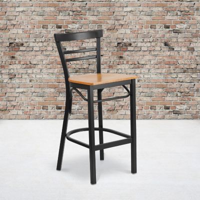 Emma + Oliver Two-Slat Ladder Back Metal Dining Barstool - Natural Wood Seat Image 1