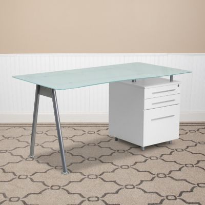 Emma + Oliver White Computer Desk with Glass Top and Three Drawer Pedestal Image 1