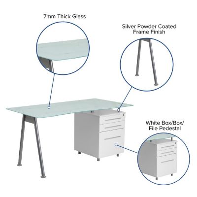 Emma + Oliver White Computer Desk with Glass Top and Three Drawer Pedestal Image 2
