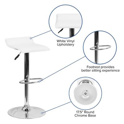 Emma + Oliver White Vinyl Adjustable Height Barstool with Solid Wave Seat Image 2