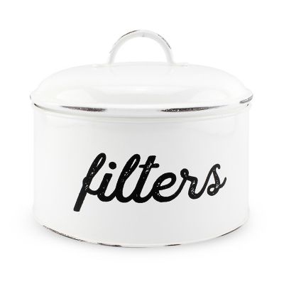 Enamel Basket Coffee Filter Holder, White; Rustic Farmhouse Storage Container Image 1