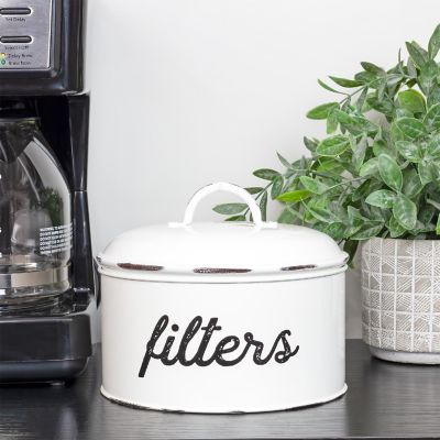 Enamel Basket Coffee Filter Holder, White; Rustic Farmhouse Storage Container Image 1