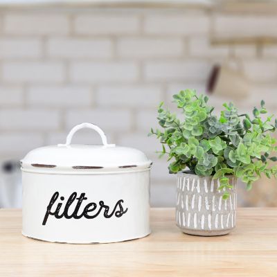 Enamel Basket Coffee Filter Holder, White; Rustic Farmhouse Storage Container Image 2