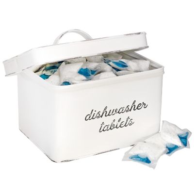 Enamelware Dishwasher Pod Holder, White Tablet Container; Kitchen Storage Tin w/ Lid Image 1