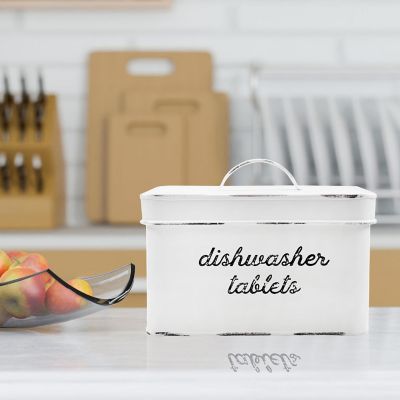 Enamelware Dishwasher Pod Holder, White Tablet Container; Kitchen Storage Tin w/ Lid Image 1
