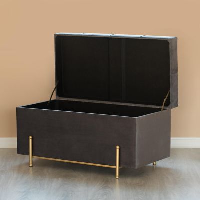 Fabulaxe Large Velvet Storage Ottoman with Gold Legs, Gray Image 2