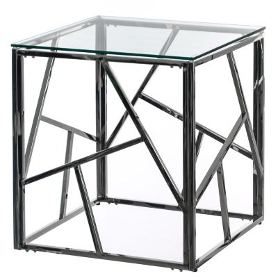 Fabulaxe Modern Square End Side Table, Tempered Glass Top Metal Coffee Table, Silver Image 1