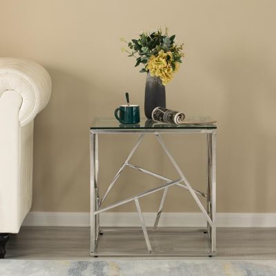 Fabulaxe Modern Square End Side Table, Tempered Glass Top Metal Coffee Table, Silver Image 3