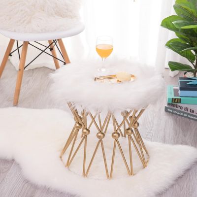 Fabulaxe Round Gold Metal Stool with White Fur Top Image 1