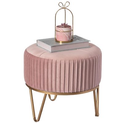 Fabulaxe Round Velvet Ottoman Stool Raised with Hairpin Gold Base, Pink, Small Image 1
