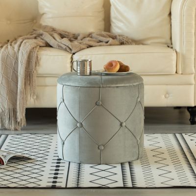 Fabulaxe Round Wooden Velvet Ottoman Stool with Lid, Gray Image 1