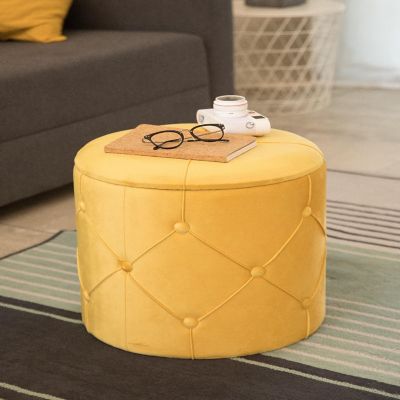 Fabulaxe Round Wooden Velvet Ottoman Stool with Lid, Yellow Image 1