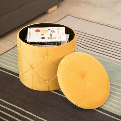 Fabulaxe Round Wooden Velvet Ottoman Stool with Lid, Yellow Image 2