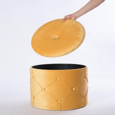 Fabulaxe Round Wooden Velvet Ottoman Stool with Lid, Yellow Image 3