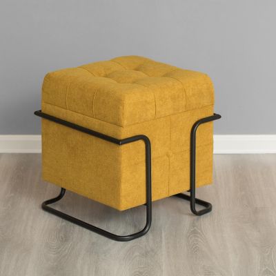 Fabulaxe Square Fabric Storage Ottoman with Black Metal Frame, Yellow Image 1