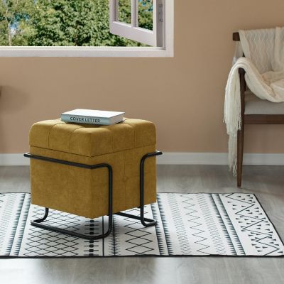 Fabulaxe Square Fabric Storage Ottoman with Black Metal Frame, Yellow Image 2