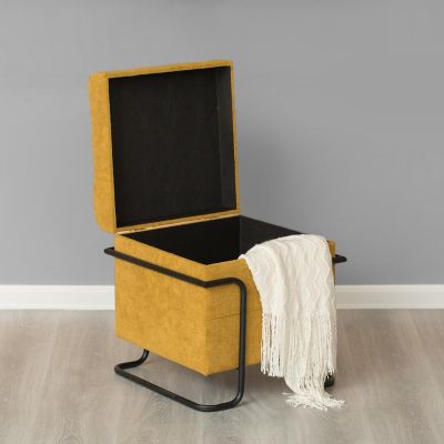 Fabulaxe Square Fabric Storage Ottoman with Black Metal Frame, Yellow Image 3