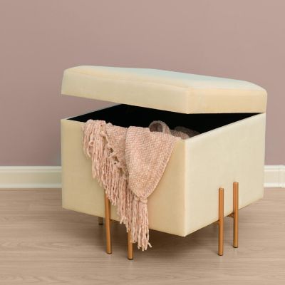 Fabulaxe Square Velvet Storage Ottoman with Rose Gold Legs, Ivory Image 1