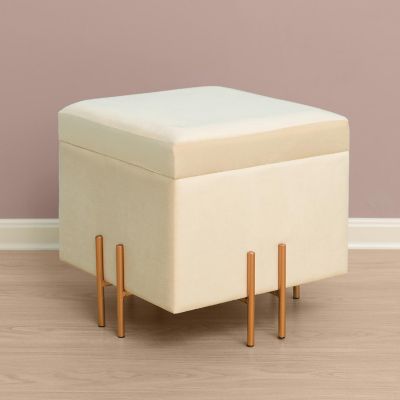 Fabulaxe Square Velvet Storage Ottoman with Rose Gold Legs, Ivory Image 1