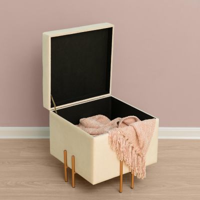 Fabulaxe Square Velvet Storage Ottoman with Rose Gold Legs, Ivory Image 2