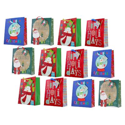 Fifth Ave Kraft Christmas Printed Gift Bags with Glitter, Large (12 Pack) Image 1