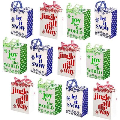 Fifth Ave Kraft Christmas Small Gift Bags with Foil Hot Stamp and Ribbon Handles, 12 Pack Image 1