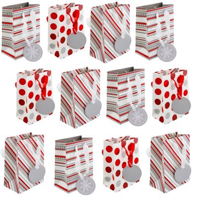 Fifth Ave Kraft Christmas Small Gift Bags with Foil Hot Stamp and Ribbon Handles, 12 Pack Image 1