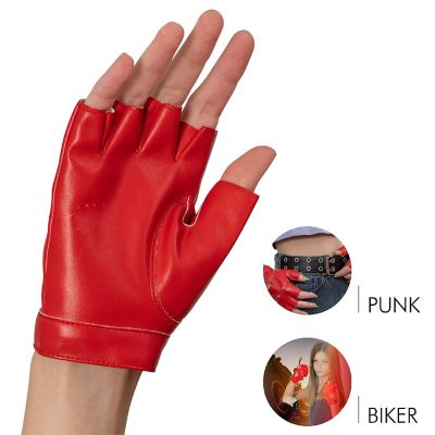 Fingerless Biker Jazz Gloves - 80s Style Gothic Red Faux Leather Punk Biker Gloves with Heart Cutout for Women and Kids Image 2