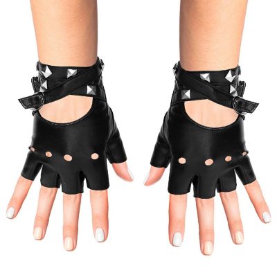Fingerless Faux Leather Gloves - Black Biker Punk Gloves with Belt Up Closure and Rivet Design for Women and Kids Image 1
