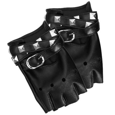 Fingerless Faux Leather Gloves - Black Biker Punk Gloves with Belt Up Closure and Rivet Design for Women and Kids Image 3