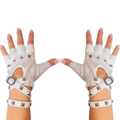Fingerless Faux Leather Gloves - White Biker Punk Gloves with Belt Up Closure and Rivet Design for Women and Kids Image 1