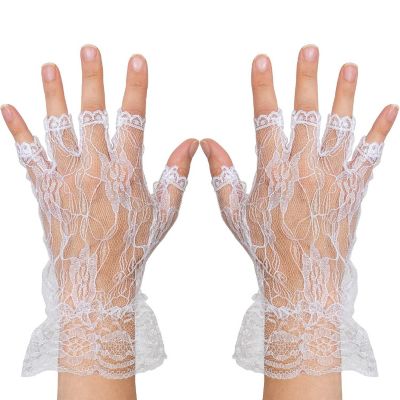 Fingerless Lace White Gloves - Ladies and Girls Ruffled Lace Finger Free Bridal Wrist Gloves Image 1