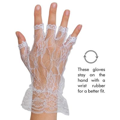 Fingerless Lace White Gloves - Ladies and Girls Ruffled Lace Finger Free Bridal Wrist Gloves Image 3