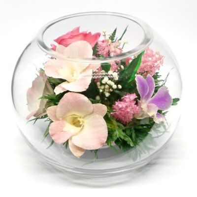Fiora Flower Long Lasting Pink Roses and Orchids with Greenery in a Round Glass Vase Image 1