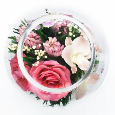Fiora Flower Long Lasting Pink Roses and Orchids with Greenery in a Round Glass Vase Image 2